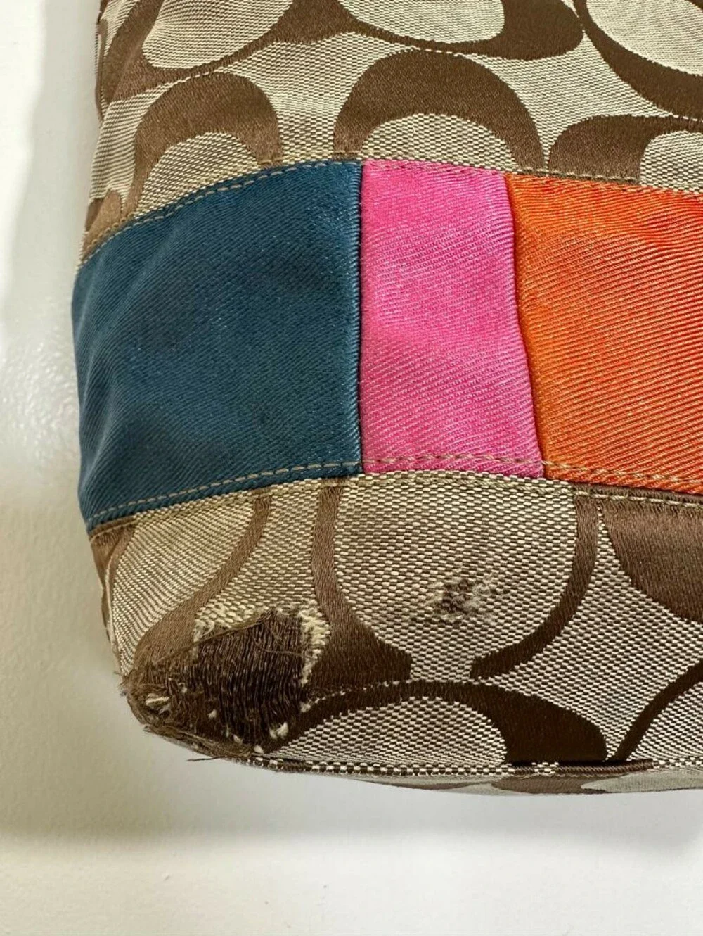 Coach Signature Multicolor Stripes Canvas Leather Trim Small Tote Bag